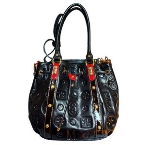 Marino Orlandi Black and Red Italian Leather Shoulder Bag with Gold Accents